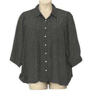 Jones NY Womens Top 1X Black White Polka Dot Pintuck Button Up Classic Office